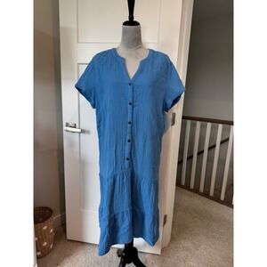 J. Jill Blue Cotton Double Gauze Tiered Shift Dress Womens Large Short Sleeve